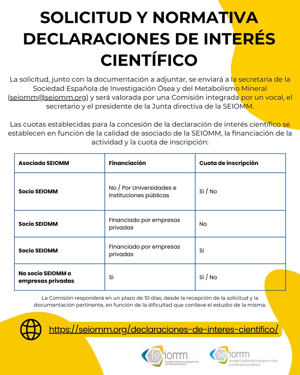 seiomm's tweet image. 🔎 Ya puedes solicitar la Declaración de Interés Científico de la SEIOMM
La comisión evaluará tu solicitud en un plazo de 10 días desde su recepción
💼 Envía la solicitud y documentación a: seiomm@seiomm.org
ℹ️ Consulta toda la normativa aquí:
👉 seiomm.org/declaraciones-…
#SEIOMM