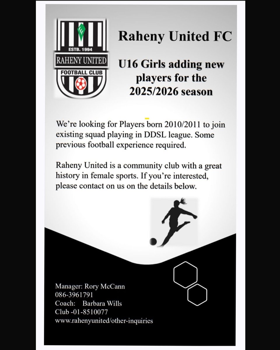👀 | 𝙉𝙚𝙬 𝙋𝙡𝙖𝙮𝙚𝙧𝙨 𝙒𝙖𝙣𝙩𝙚𝙙!

Our U16 girls seek new players for the 25/26 season. 🙌

Those born 2010/2011 with previous experience are welcome. 👌

Contact Rory, details in poster. ⬇️

⚫️ #RUFC | ⚪️ #CmonTheParish
