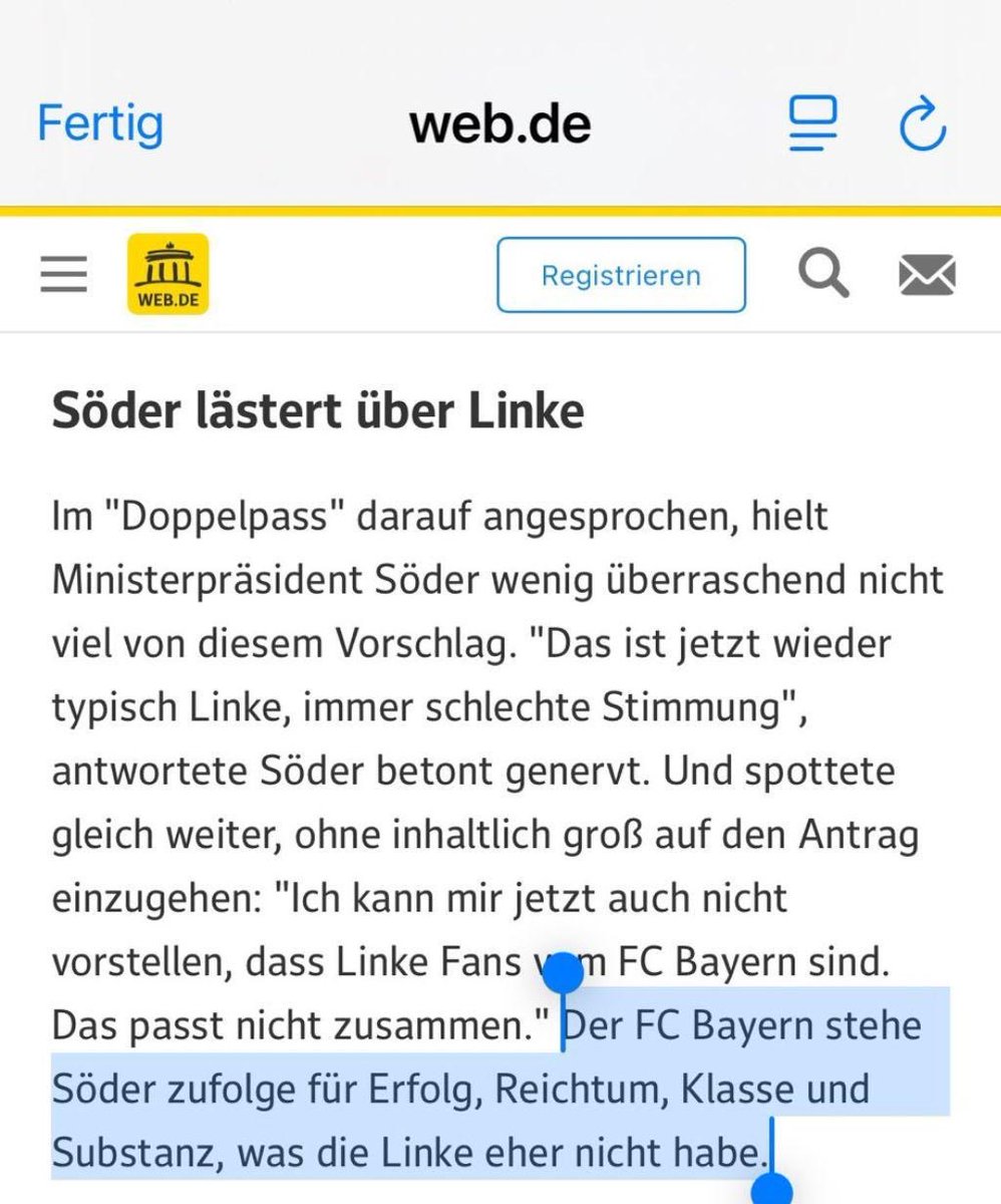 Die Linke im
Münchner Stadtrat will, dass die verschuldete Stadt, die gerade Millionen in der Kinder- &amp; Jugendhilfe streicht, nicht mehr die 400.000€-teuren Meisterfeiern des FC Bayern zahlt - denn der kann das  locker aus der Portokasse zahlen.
Markus Söder hält dagegen mit dem