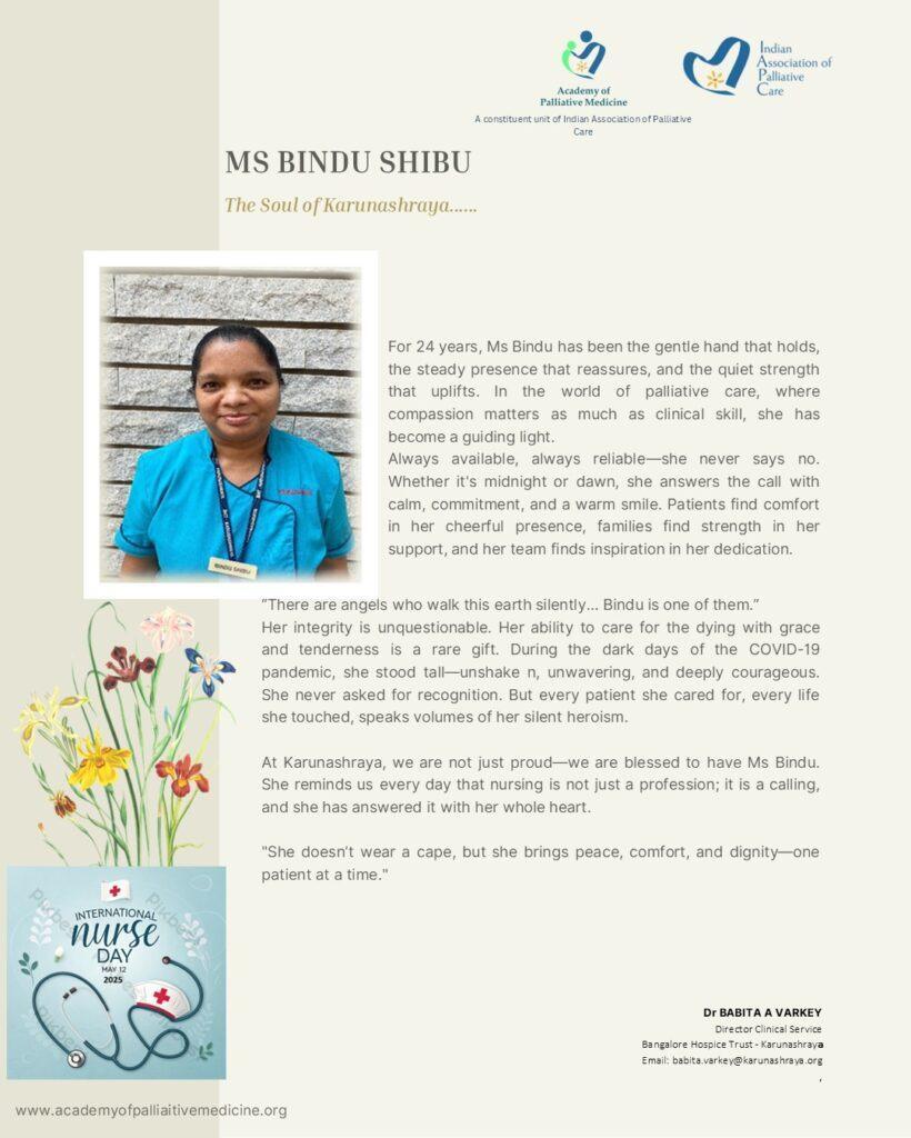 We’re proud to share that Ms. Bindu Shibu, our senior nurse at Karunashraya, has been featured by the Academy of Palliative Medicine as part of IAPC-APM’s Call for Commendation on #NursesDay2025.

24 years of unwavering compassion, care &amp; courage. Thank you, Bindu!