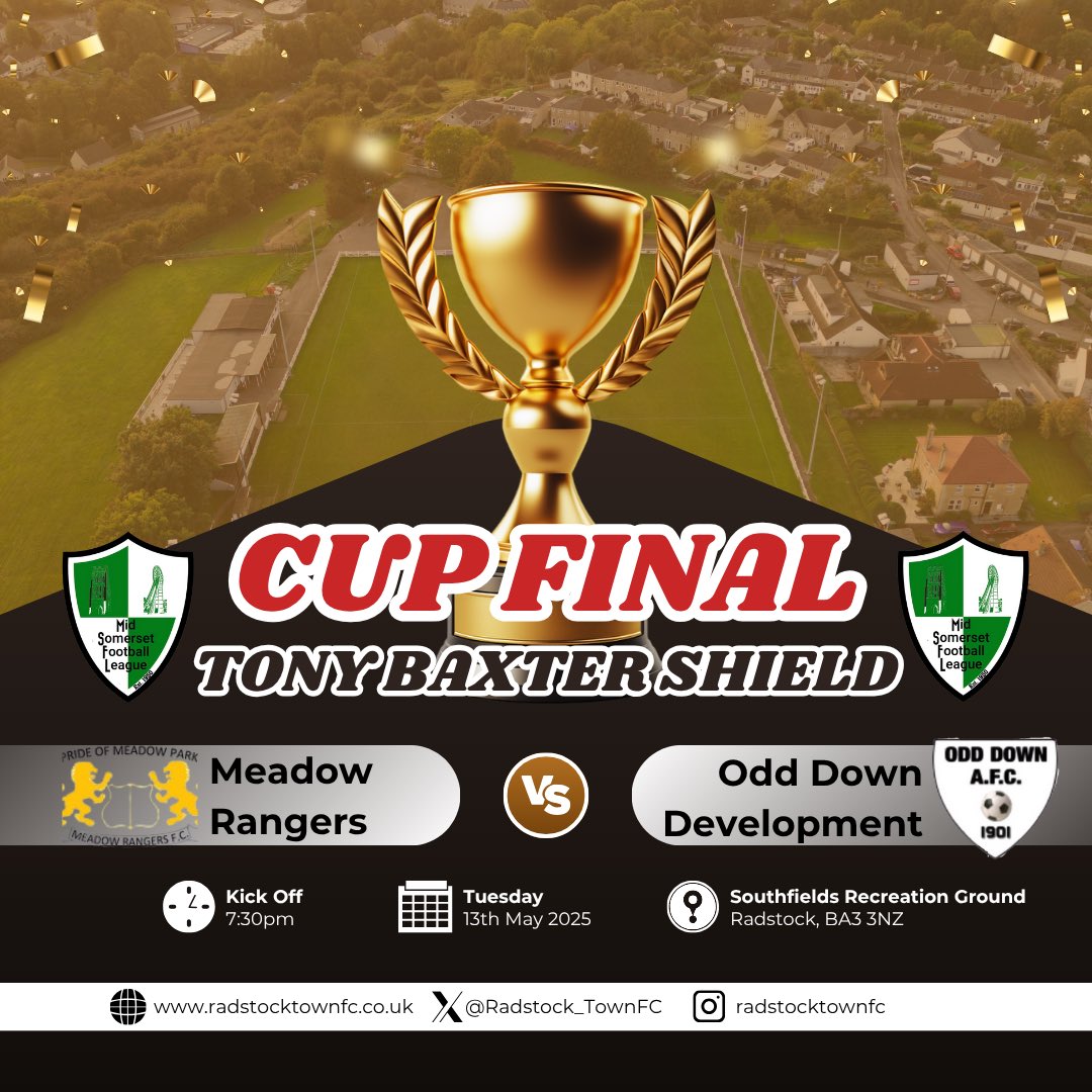 Radstock Town FC (@radstock_townfc) on Twitter photo ๐๐๐ ๐
๐๐๐๐
We are hosting the Tony Baxter Shield final this evening between <a href="/FcMeadow/">Meadow Rangers FC</a> and <a href="/Odd_DownAFC/">Odd Down (BATH) AFC</a> Development.
Kick off is at 7:30pm and the bar will be open, come along and enjoy what looks set to be a cracker of a final! ๐
๐๏ธ ยฃ2 Entry (CASH ONLY ON THE GATE)
๐ ๐๐๐ ๐
๐๐๐๐
We are hosting the Tony Baxter Shield final this evening between <a href="/FcMeadow/">Meadow Rangers FC</a> and <a href="/Odd_DownAFC/">Odd Down (BATH) AFC</a> Development.
Kick off is at 7:30pm and the bar will be open, come along and enjoy what looks set to be a cracker of a final! ๐
๐๏ธ ยฃ2 Entry (CASH ONLY ON THE GATE)
๐