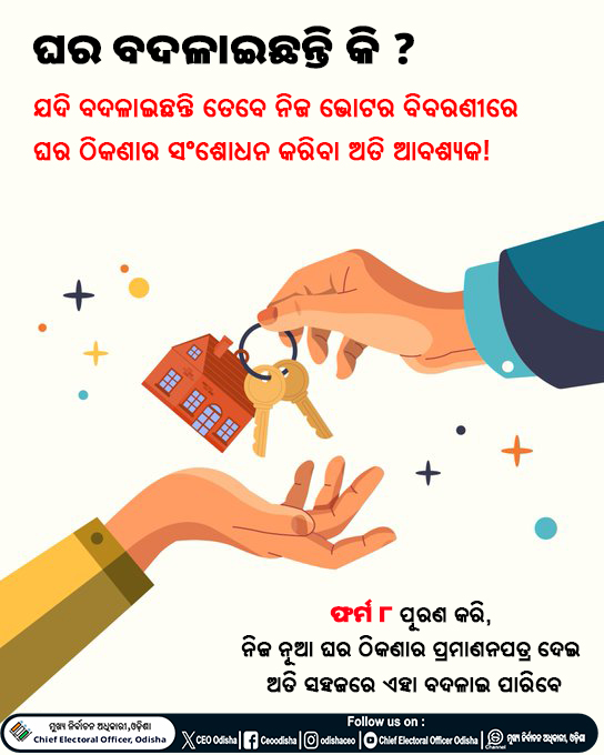 CEO Odisha (@odishaceo) on Twitter photo рмарм┐рмХрмгрм╛ рммрмжрм│рм┐ рмпрм╛рмЗрмЫрм┐ рмХрм┐? ЁЯПа
рмдрнЗрммрнЗ рмирм┐рмЬ рмнрнЛрмЯрм░ рммрм┐рммрм░рмгрнАрм░рнЗ рмПрм╣рм╛ рммрмжрм│рм╛рмЗрммрм╛ рмормзрнНрнЯ рмЕрмдрм┐ рмЧрнБрм░рнБрмдрнНрн▒рмкрнВрм░рнНрмгрнНрмг !
рмЕрмирм▓рм╛рмЗрмирм░рнЗ, рмЕрмлрм▓рм╛рмЗрмирм░рнЗ рмХрм┐рморнНрммрм╛ рмнрнЛрмЯрм░ рм╣рнЗрм▓рмкрм▓рм╛рмЗрмирнН рмЖрмкрнН рморм╛рмзрнНрнЯрморм░рнЗ
рмлрм░рнНрмо 8 рмкрнВрм░рмг рмХрм░рм┐ рмПрм╣рм┐ рмЕрмжрнНрнЯрмдрми рмХрм░рмирнНрмдрнБ редЁЯУЭ
#ECI #CEOOdisha #Form8 рмарм┐рмХрмгрм╛ рммрмжрм│рм┐ рмпрм╛рмЗрмЫрм┐ рмХрм┐? ЁЯПа
рмдрнЗрммрнЗ рмирм┐рмЬ рмнрнЛрмЯрм░ рммрм┐рммрм░рмгрнАрм░рнЗ рмПрм╣рм╛ рммрмжрм│рм╛рмЗрммрм╛ рмормзрнНрнЯ рмЕрмдрм┐ рмЧрнБрм░рнБрмдрнНрн▒рмкрнВрм░рнНрмгрнНрмг !
рмЕрмирм▓рм╛рмЗрмирм░рнЗ, рмЕрмлрм▓рм╛рмЗрмирм░рнЗ рмХрм┐рморнНрммрм╛ рмнрнЛрмЯрм░ рм╣рнЗрм▓рмкрм▓рм╛рмЗрмирнН рмЖрмкрнН рморм╛рмзрнНрнЯрморм░рнЗ
рмлрм░рнНрмо 8 рмкрнВрм░рмг рмХрм░рм┐ рмПрм╣рм┐ рмЕрмжрнНрнЯрмдрми рмХрм░рмирнНрмдрнБ редЁЯУЭ
#ECI #CEOOdisha #Form8