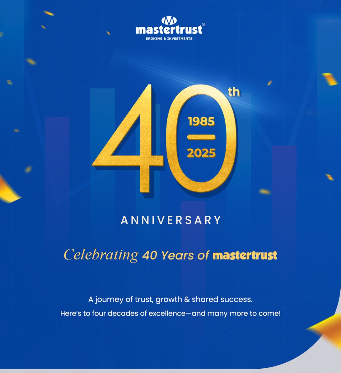master_trust's tweet photo. 🎉 40 Years of Trust. Growth. Legacy.

From 1985 to 2025 — mastertrust has been shaping financial journeys for four remarkable decades.

Here’s to celebrating our roots, our people, and the milestones ahead.💙
 
#TheBig4Oh
 
#comıngsoon #legacyloading #40YearsOfTrust #MilestoneMoments #40yearsofmastertrust #mastertrust #FinancialMilestones #BuiltOnTrust #40YearJourney #WealthCreators #followmastertrust