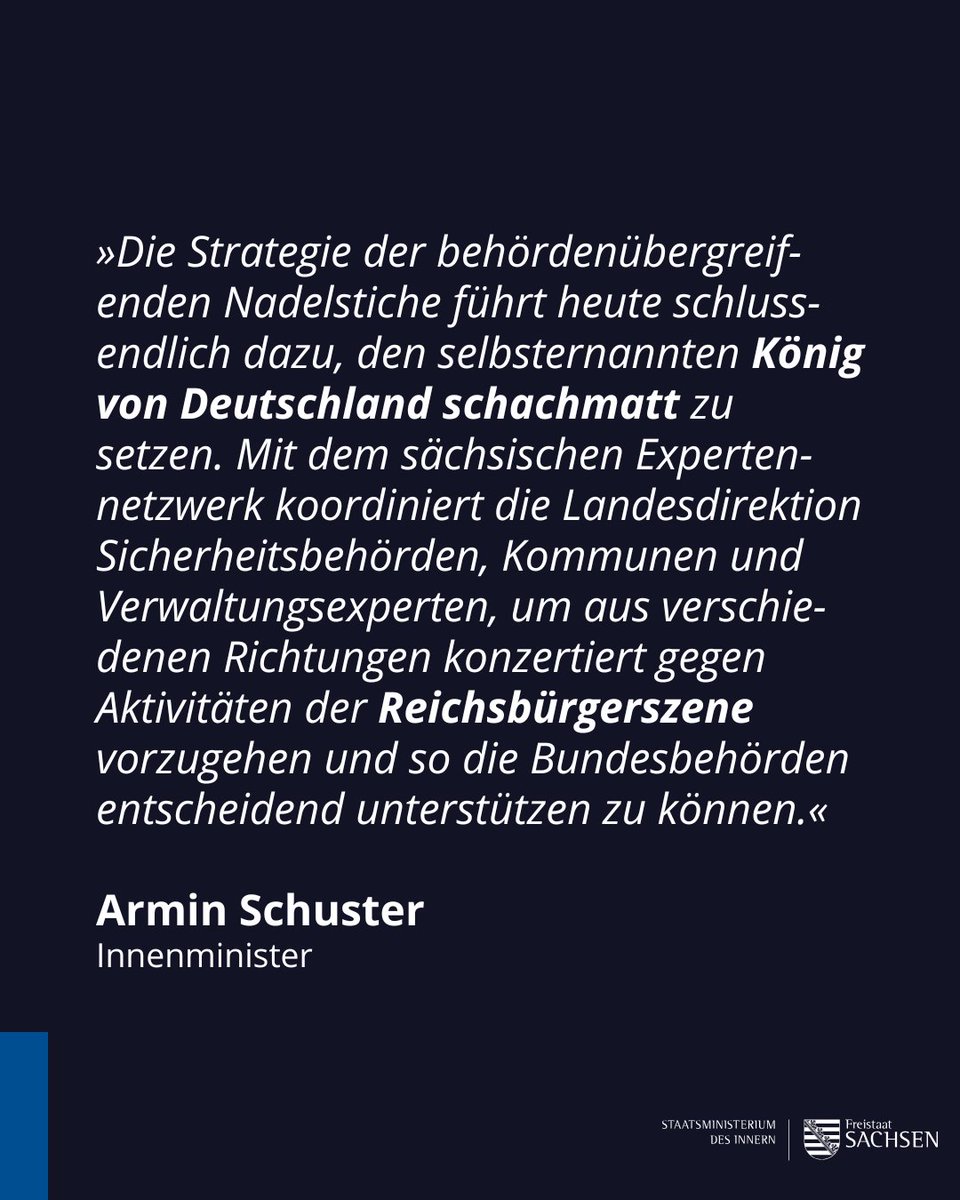 Selbsternannter König von Deutschland schachmatt gesetzt – Bundesinnenminister Alexander #Dobrindt hat heute den #Verein »Königreich Deutschland« verboten. Seit den frühen Morgenstunden laufen bundesweit Exekutivmaßnahmen, mit einem Schwerpunkt in #Sachsen. 

Innenminister