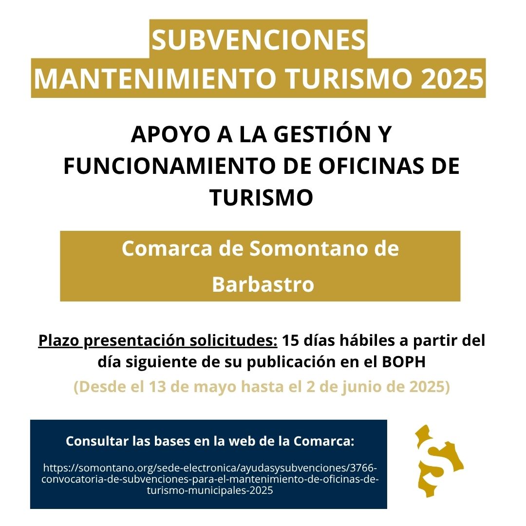 📢Subvenciones 2025: Mantenimiento Oficinas de Turismo Municipales en #Somontano.
Apoyo a gastos de gestión para Ayuntamientos beneficiarios. Fomentando el turismo local.
📄 Bases y plazos: bit.ly/subvoficinatur…
#Turismo #Ayudas #Aragon