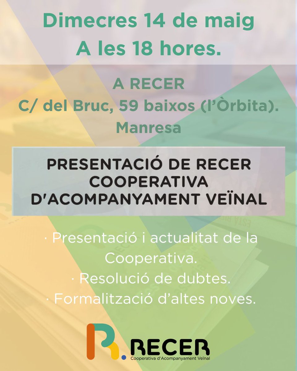 Coneixes algú interessat a formar part de Recer i vol rebre informació?
Ets sòcia i vols saber més sobre la cooperativa o vols resoldre algun dubte?
No deixis passar l'oportunitat i vine demà a les 18h a Recer
Farem una trobada entre membres i futurs membres per posar-nos al dia