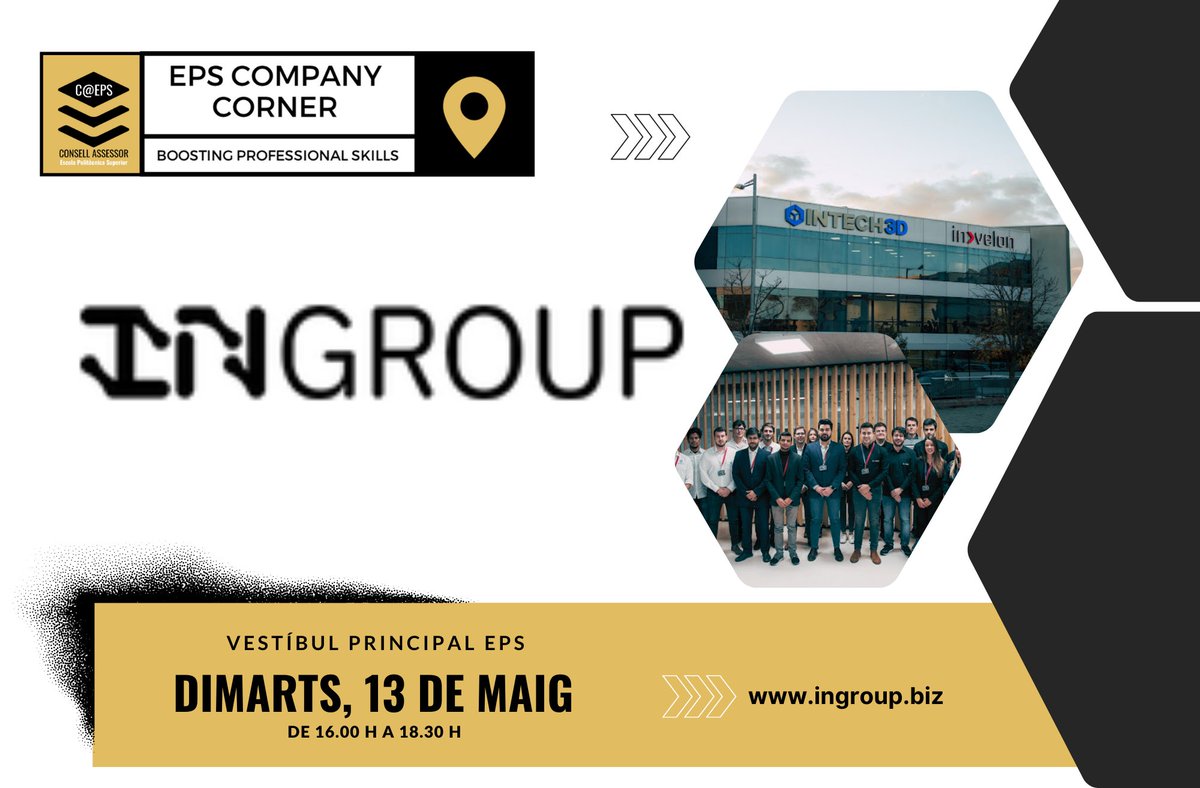 Avui, dimarts 13 de maig, l'<a href="/EPS_UdL/">Politècnica UdL</a> acollirà una nova sessió de  l'EPS Company Corner amb <a href="/INGROUPTECH_/">INGROUP</a> Impressió 3D, Realitat Virtual, Augmentada i Mixta, IA, Big Data, Robòtica, IOT, ... eps.udl.cat/ca/agenda/EPS-…