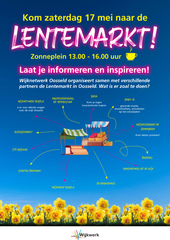 𝗪𝗲 𝗸𝗼𝗺𝗲𝗻 𝗻𝗮𝗮𝗿 𝗷𝗲 𝘁𝗼𝗲!
Op zaterdag 17 mei staan we met onze wijkkar op de Lentemarkt in Oosseld. Heb je een idee voor je buurt, een vraag over je woning of wil je gewoon even kennismaken? We horen graag wat er leeft! #SamenSité #deaanspreekbareverhuurder