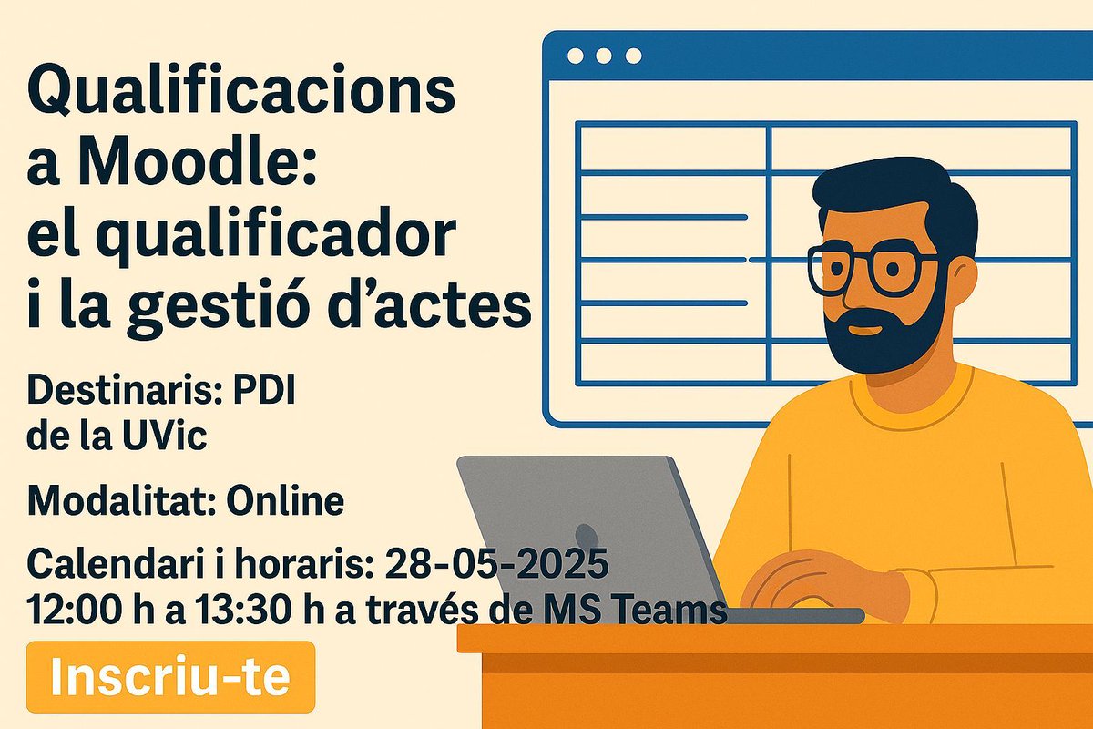 UDUTE UVic (@uvic_udute) on Twitter photo 🎓 PDI de la <a href="/uvic_ucc/">UVic-UCC</a>
🔧 Aprèn a configurar el qualificador de Moodle i gestionar actes!
🗓️ 28/05, 12:00h-13:30 (online)
⏳ Inscripcions fins el 26/05
📄 Durada de 3 hores
👉 No t’ho perdis!
<a href="/UVic_FETEP/">FETEP - UVic</a> <a href="/u_medicina/">Facultat de Medicina UVic-UCC</a> <a href="/UVic_FCSB/">Facultat de Ciències de la Salut i el Benestar</a> <a href="/UVic_FCTE/">Fac. Ciències, Tecnologia i Enginyeries UVic-UCC</a> 🎓 PDI de la <a href="/uvic_ucc/">UVic-UCC</a>
🔧 Aprèn a configurar el qualificador de Moodle i gestionar actes!
🗓️ 28/05, 12:00h-13:30 (online)
⏳ Inscripcions fins el 26/05
📄 Durada de 3 hores
👉 No t’ho perdis!
<a href="/UVic_FETEP/">FETEP - UVic</a> <a href="/u_medicina/">Facultat de Medicina UVic-UCC</a> <a href="/UVic_FCSB/">Facultat de Ciències de la Salut i el Benestar</a> <a href="/UVic_FCTE/">Fac. Ciències, Tecnologia i Enginyeries UVic-UCC</a>