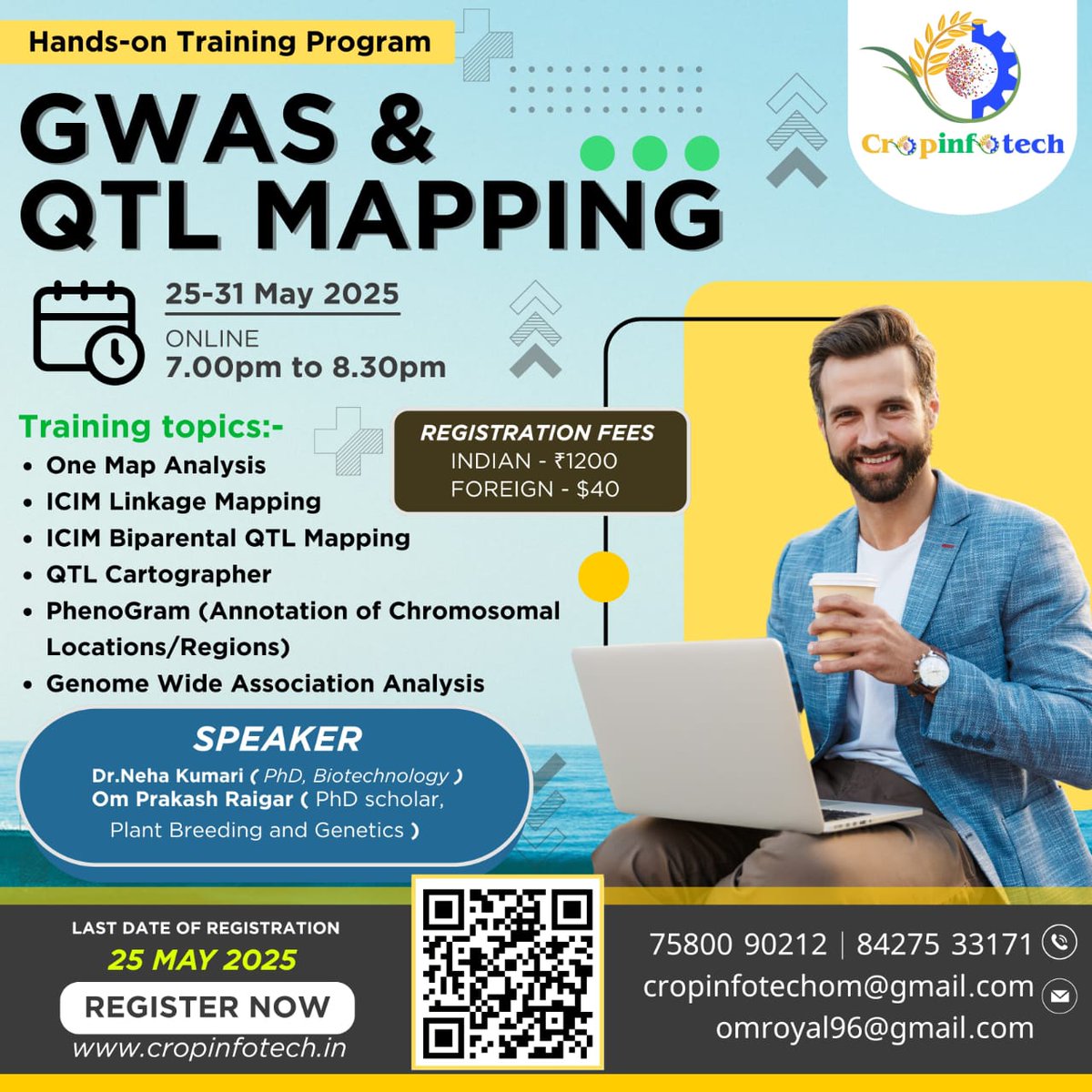 CropInfotech's tweet image. Decode complex data with confidence!
Enroll in our LIVE workshop on Genome-Wide Association Studies & QTL Mapping
Dates: May 25–31 | Fee: ₹1200/$40
Last date: May 25 (12 PM IST)
Register: cropinfotech.in
#GenomicTools #ICIM #QTLCartographer #CropScience