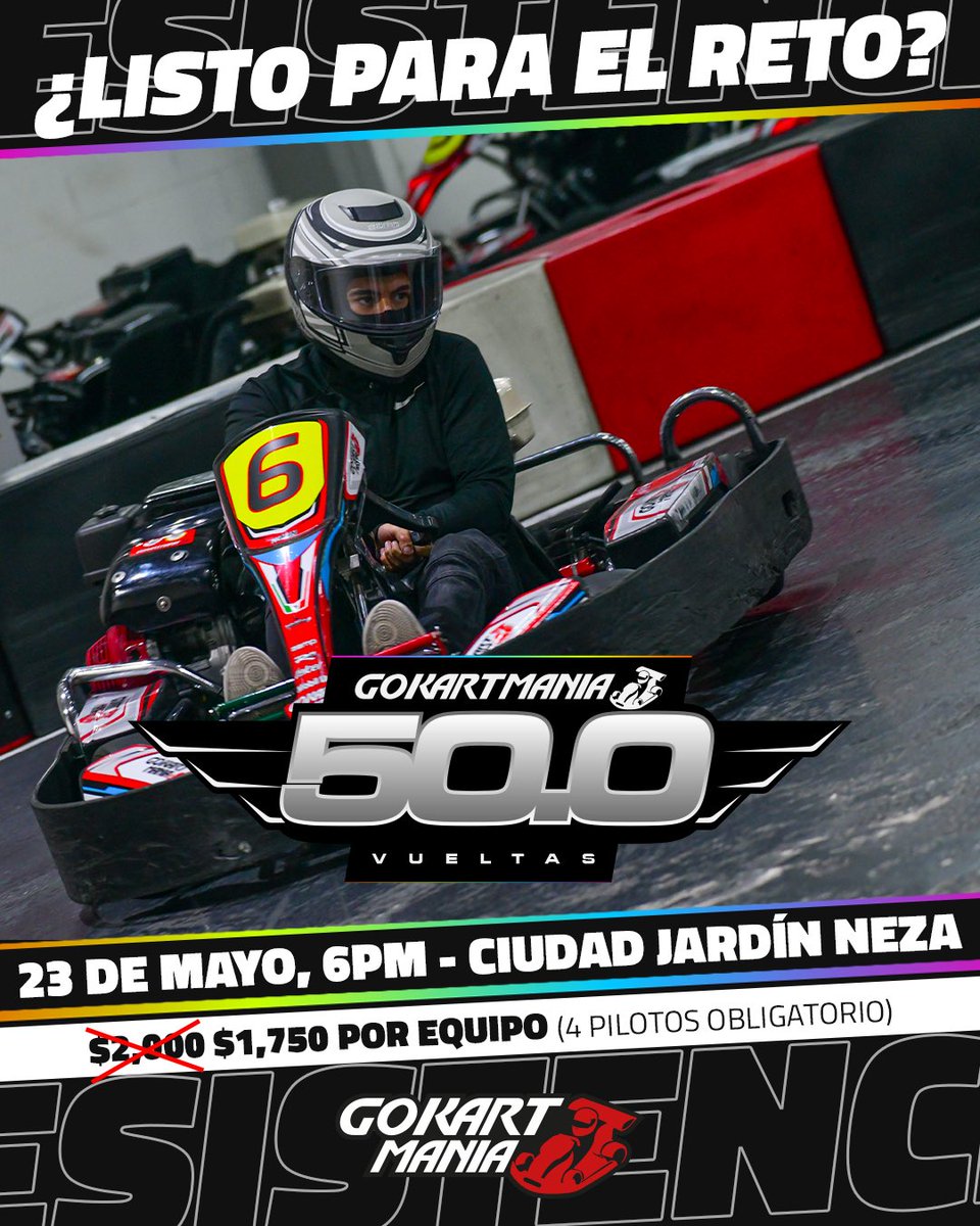 ¡Prepárate para la carrera más intensa del año! 🏎️🏆
¡Llegan Las 50.0 vueltas de GoKartManía! 🏁
Inspiradas en la legendaria Indy 500, te esperan adrenalina, velocidad y estrategia al límite.🔥

📆Mérida: 21 de mayo
📆Neza: 23 de mayo
¡Inscríbete ya! Cupo limitado.