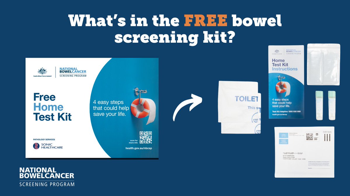 Aged 45 to 74? This FREE test kit is done at home &amp; saves lives. When your kit arrives, put it near the toilet as a reminder to do the test. For more info, visit 💻 health.gov.au/nbcsp