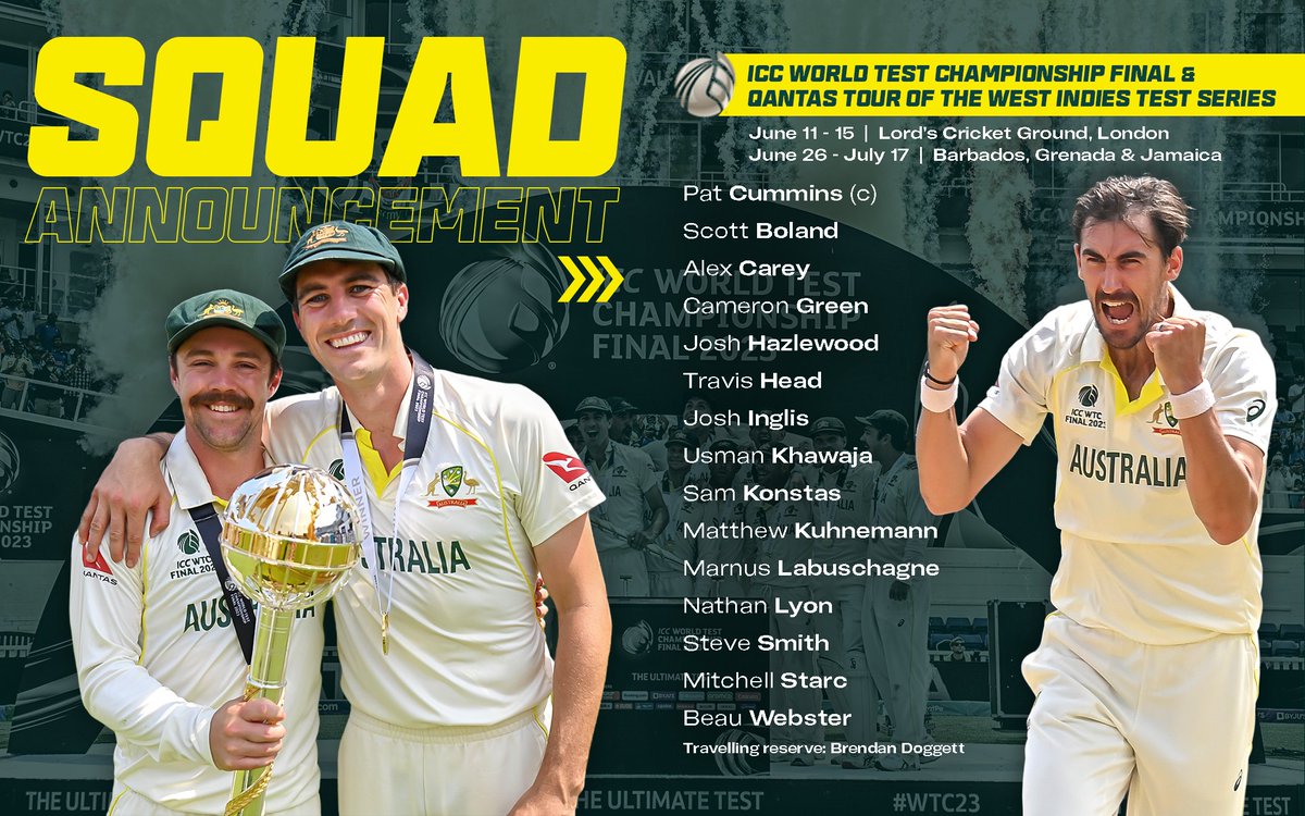 CricketAus's tweet photo. Introducing our squad for the 2025 ICC World Test Championship Final and the Qantas Men’s Test Tour of the West Indies 👊 https://t.co/kZYXWKpQgL