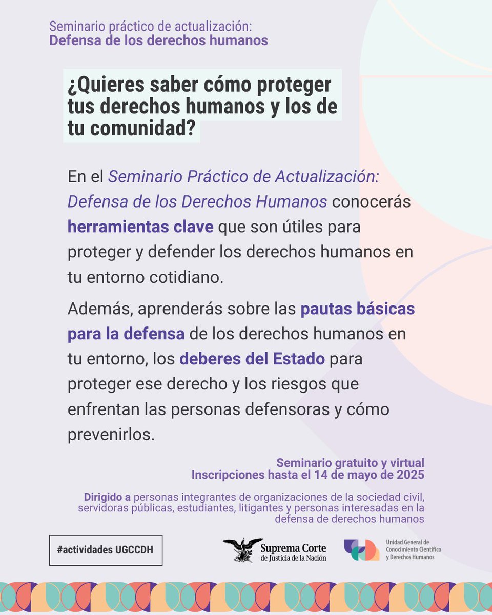 ⏰ ¿Ya te registraste? Participa en el Seminario práctico de actualización: Defensa de los derechos humanos, modalidad virtual. Fecha límite de registro: 14 de mayo en scjn.gob.mx/gw/#/derechos-…

#UGCCDH #DDHH