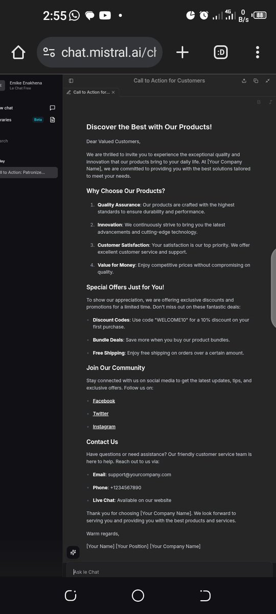 Week 4 day 2 Using Le Chat via Canvas to generate content on Marketing for a lesson