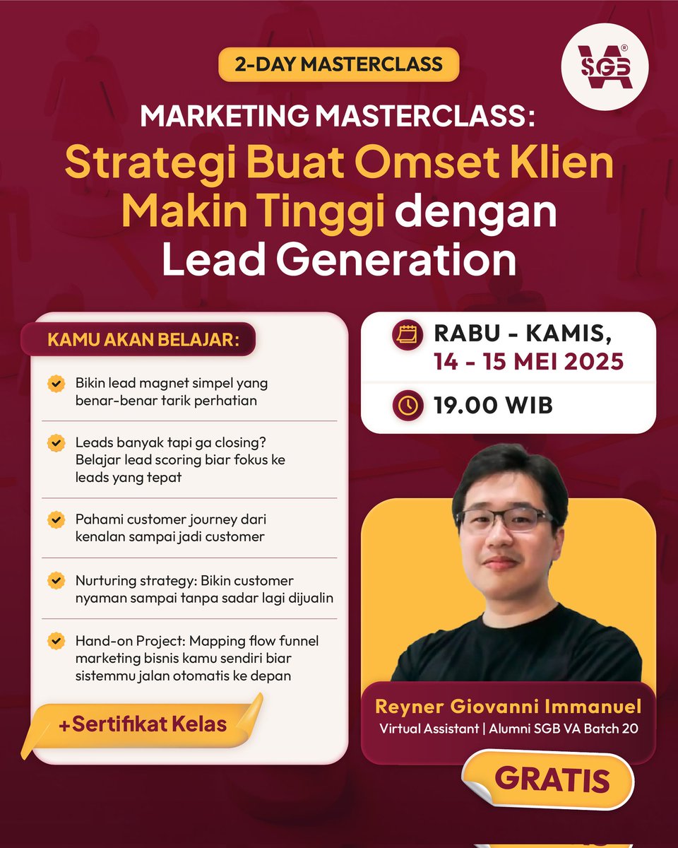 Yg mau nambah skill marketing, ada info masterclass gratis dan dapet sertifikat ‼️

Kelasnya 2 hari ya akan ada praktek langsung juga

Bisa daftar langsung di link ini 👇
🔗 link.sgbva.com/sgbvax_ws