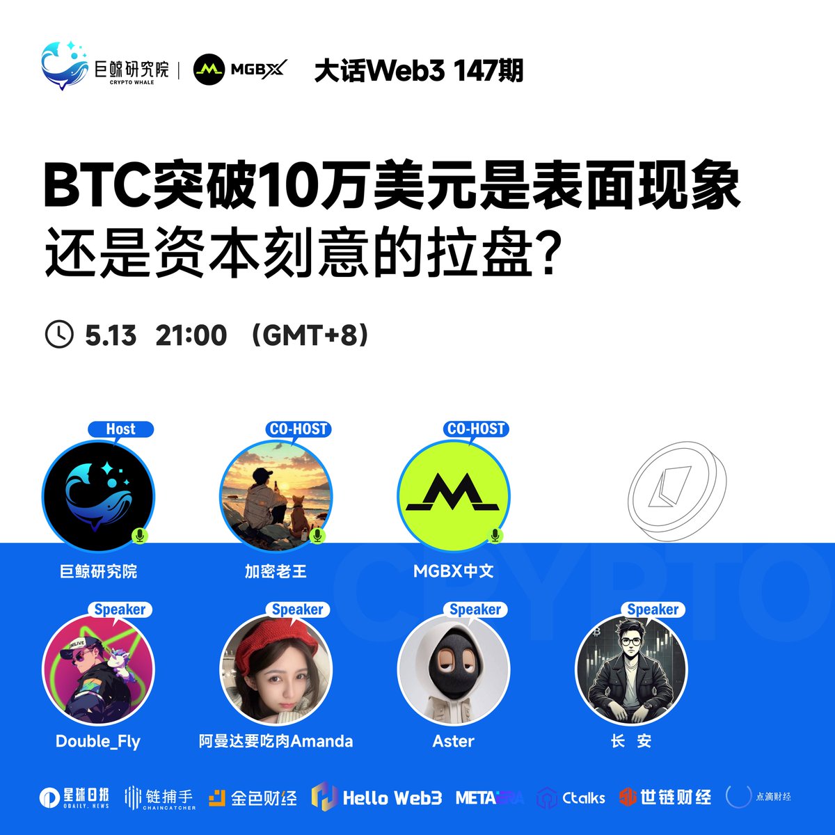 🎤大话Web3 147期
📅BTC突破10万美元是表面现象还是资本刻意的拉盘？

 巨鲸研究院联合 <a href="/Cryptolw888/">加密老王｜巨鲸研究院</a>  <a href="/Double_Fly6/">Double_Fly</a> <a href="/CryptoAmandaL/">阿曼达要吃肉Amanda.eth</a> <a href="/star5490/">Aster</a> <a href="/entropytrace/">长安</a> 带来精准投研分享

超强硬核干货！锁定<a href="/CryptoWhale1888/">巨鲸研究院</a>，
点击Space预约，05月13日晚上21:00 见！