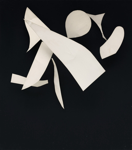 White Moving Forms on Black Background (TNT) by Jean Tinguely