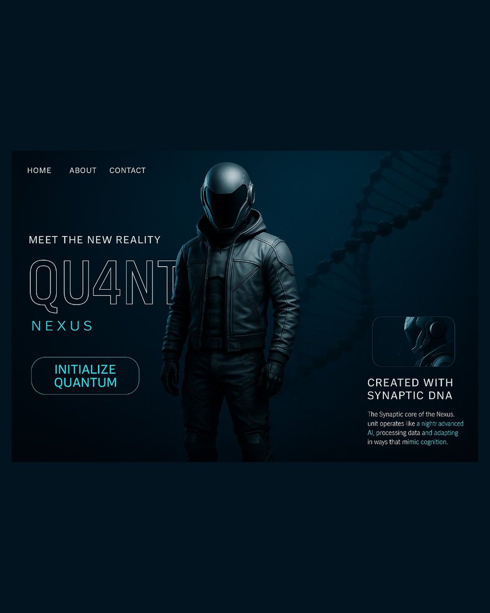 codeforkal's tweet image. A stunning sci-fi-inspired website hero section featuring the QU4NTUM Nexus, an advanced humanoid interface powered by synaptic DNA.