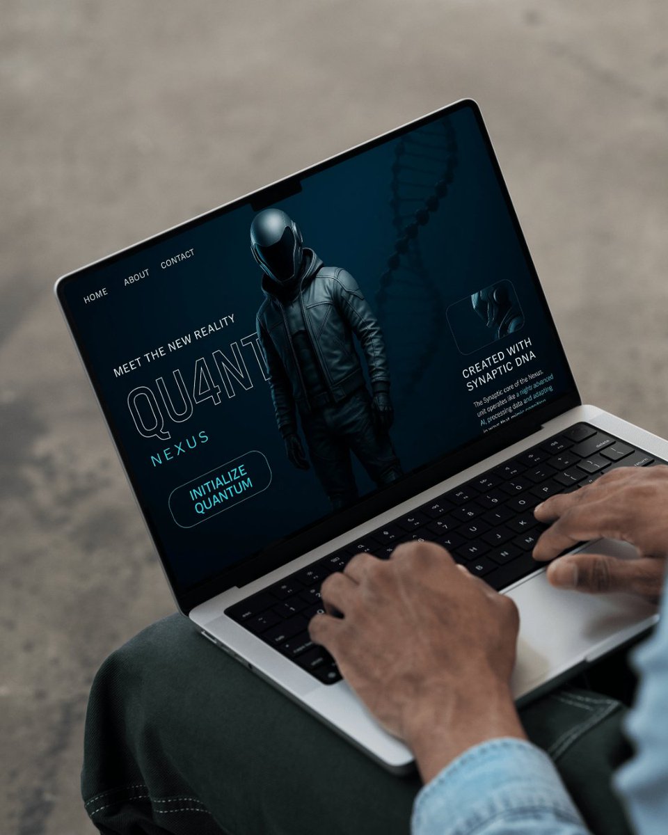 codeforkal's tweet image. A stunning sci-fi-inspired website hero section featuring the QU4NTUM Nexus, an advanced humanoid interface powered by synaptic DNA.