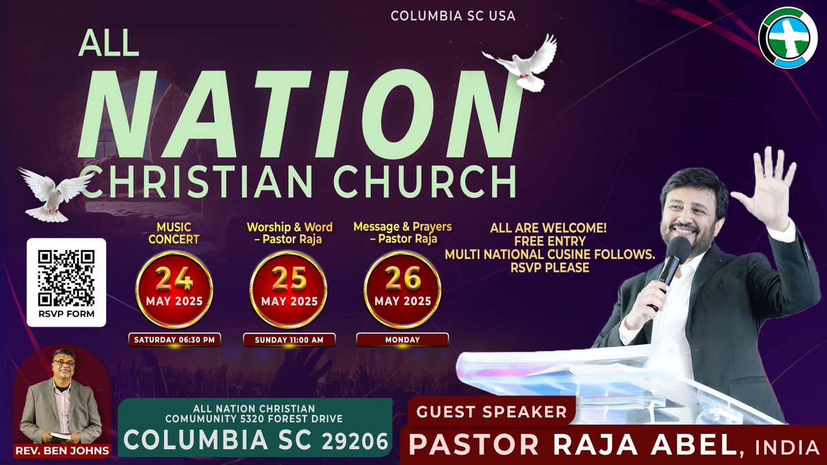 indianchurchsc's tweet image. 🎉 Join us for 3 powerful days of worship, word &amp;amp; fellowship!
Speaker: @rajahebel_rfm 
🎶 Music • 🙏 Prayers • 📖 Word • 🍽️ Multinational Cuisine
🆓 All are welcome | Free Entry
👉 RSVP: forms.gle/kwD9TRPg6waC8H…
#IndianChurchSC #FaithEvent #PastorRajaAbel