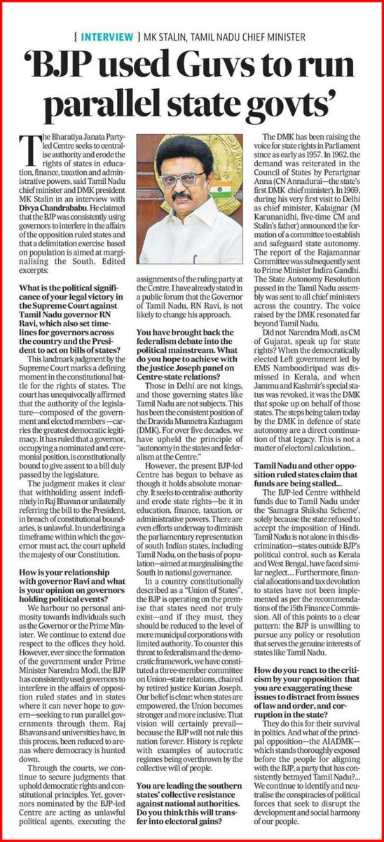 M.K.Stalin (@mkstalin) on Twitter photo In my interview with <a href="/divyadcb/">Divya Chandrababu</a> for <a href="/htTweets/">Hindustan Times</a>, I addressed:
📉 The threat of #delimitation marginalising the South
⚖️ The Supreme Court's affirmation of legislative supremacy over gubernatorial overreach
🏛️ BJP's misuse of Governors to undermine state governments
🤝 Upholding In my interview with <a href="/divyadcb/">Divya Chandrababu</a> for <a href="/htTweets/">Hindustan Times</a>, I addressed:
📉 The threat of #delimitation marginalising the South
⚖️ The Supreme Court's affirmation of legislative supremacy over gubernatorial overreach
🏛️ BJP's misuse of Governors to undermine state governments
🤝 Upholding