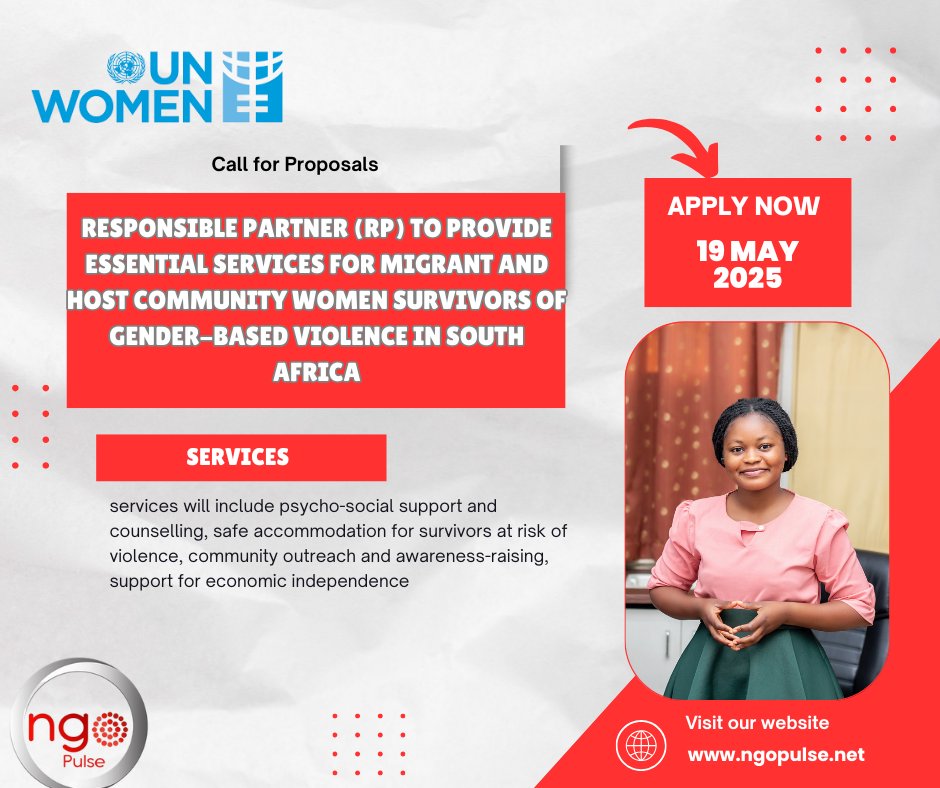 CALL FOR PROPOSALS🚨

Responsible Partner (RP) to provide Essential Services for Migrant and Host Community Women Survivors of Gender-Based Violence in South Africa

COMPANY: Un women

LOCATION: South Africa

APPLICATION LINK: ngopulse.net/ads/call-for-p…

APPLY BEFORE: 19 May 2025