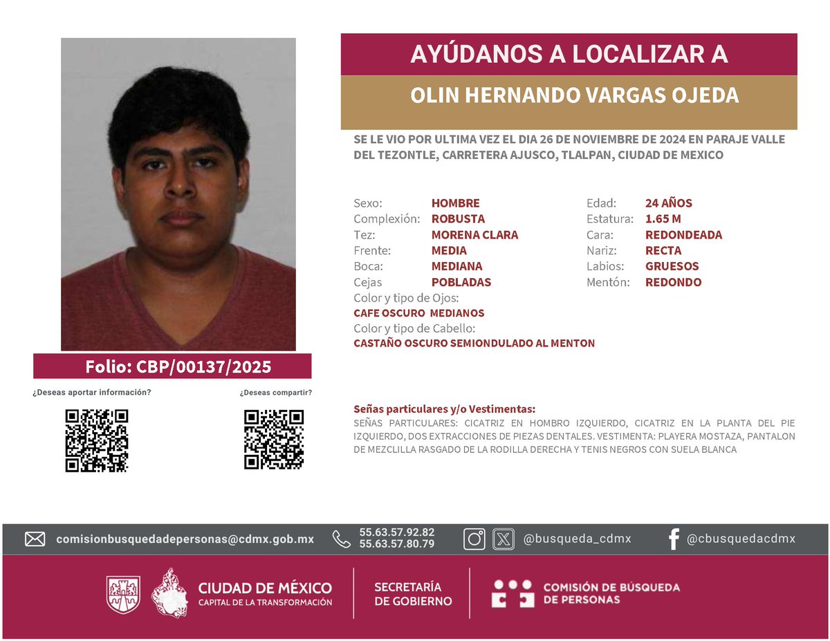 🚨 Solicitamos apoyo para la difusión de la ficha de localización de OLIN HERNANDO VARGAS OJEDA, estudiante de la División de Ingeniería en Ciencias de la Tierra de la Facultad de Ingeniería, UNAM.
📩 Cualquier información: @cbusquedacdmx
#AlertaCDMX #UNAM #Desaparecido