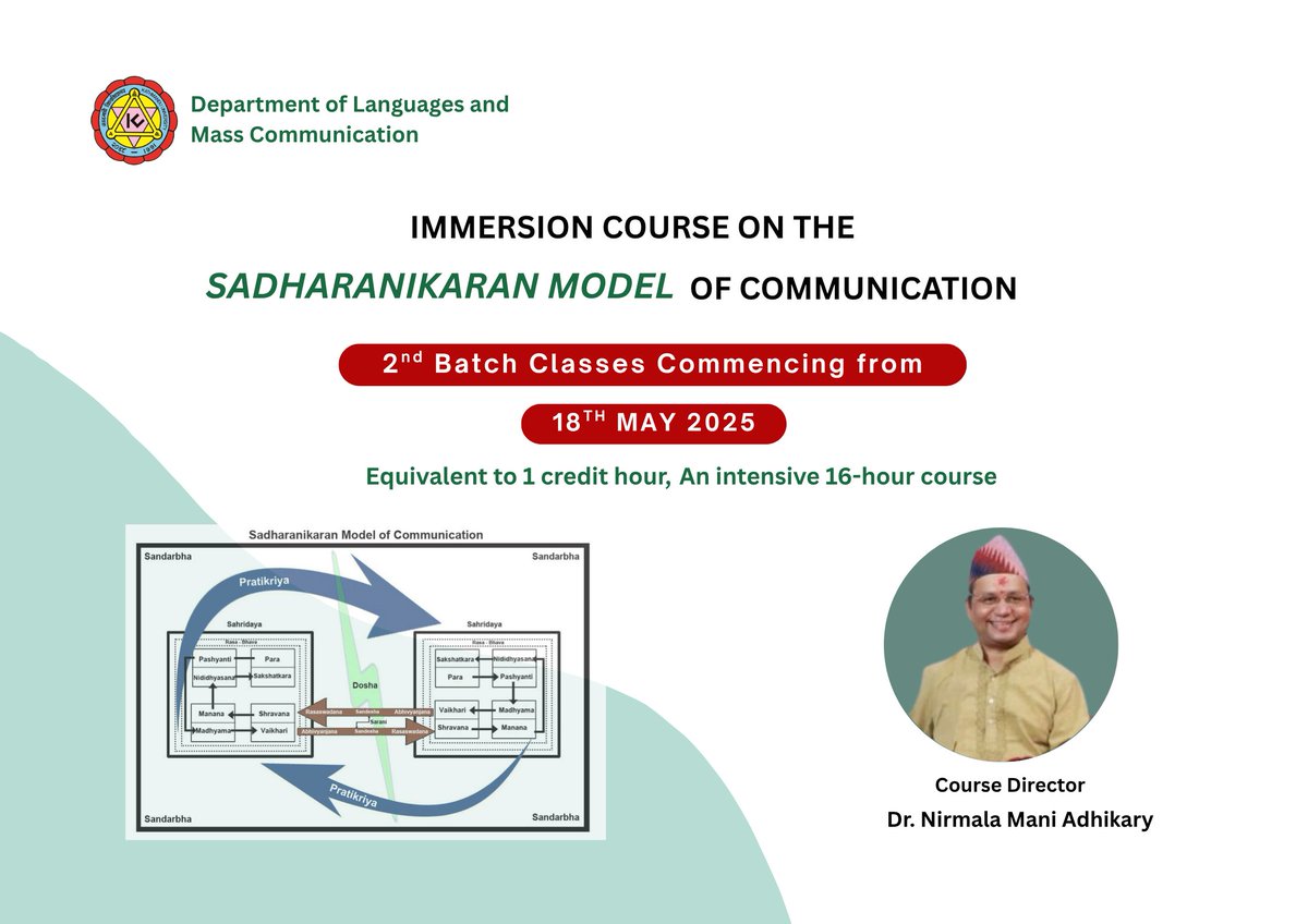 radiotvku's tweet image. Classes for the 2nd batch of the Immersion Course on the Sadharanikaran Model of Communication commencing from Sunday, 18 May 2025.

#Sadharanikaran #ImmersionCourse #IndigenousKnowledge #MassCommunication #dolmc #ku #kusoa #SMC #communication #indegenoustheory #bms