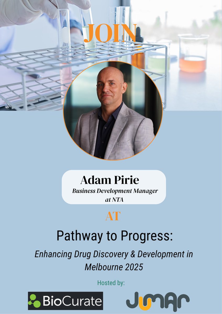 Excited for #PathwaysToProgress in Melbourne! NTA's Adam Pirie is ready to connect with innovators and industry leaders, exploring collaborations in drug discovery. Let's push the future of medicine forward! #NTA #DrugDiscovery #JumarBioincubator #BioCurate