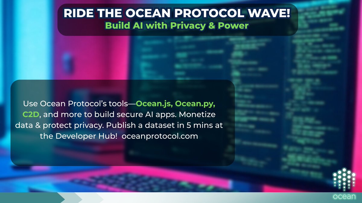 Daren_xy's tweet image. Hey, AI builders and data champs!🌊 

 Let's surf the Ocean Protocol wave and build epic decentralized AI apps with top-notch data privacy!🚀  
Ocean Protocol's Web3 toolbox is bursting with tools to help you create, monetize, and share data securely, perfect for AI devs and