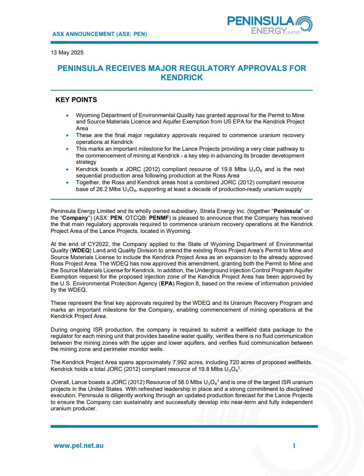PEN_Energy's tweet image. $PEN is pleased to announce that it has received the main regulatory approvals required to commence uranium recovery operations at the Kendrick Project Area of the Lance Projects, located in Wyoming.
See full details: bit.ly/4ka0e44