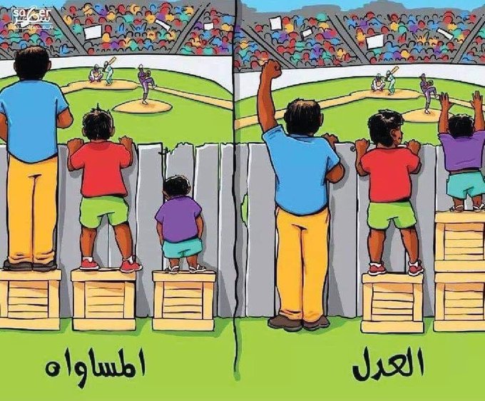 ما بين العدل والمساواة 
أحيان لا تكون المساواة عادلة 
لذلك نحتاج في بعض المواقف عدل مطاط!  ومساواة حكيمة