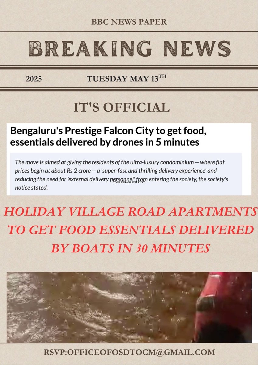 sudheg's tweet photo. In a historic first, Bengaluru’s Holiday Village Road apartments may soon introduce boat deliveries for food and essentials—thanks to BBMP’s three-year-long 'construction project' that turned roads into waterways.
Ward number : 198 , holiday Village road , Mallasandra, pin code: https://t.co/QU5ibgkKgg