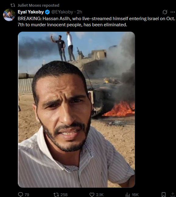 Hassan Eslayeh was a journalist. He's another victim of an  Israeli military that has murdered over 200 journalists in Gaza, each and every killing a war crime. But here's Zionist Juliet Moses peddling the lie that he was a 'terrorist'.  What an awful, awful woman she is.