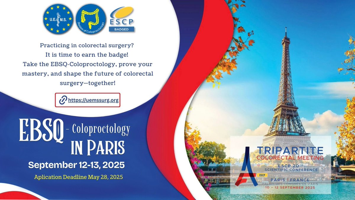 Practicing in colorectal surgery? 
It is time to earn the badge! 
Take the EBSQ‑Coloproctology, prove your mastery, and shape the future of colorectal surgery—together!

Application Deadline: May 28, 2025

uemssurg.org/surgicalspecia…