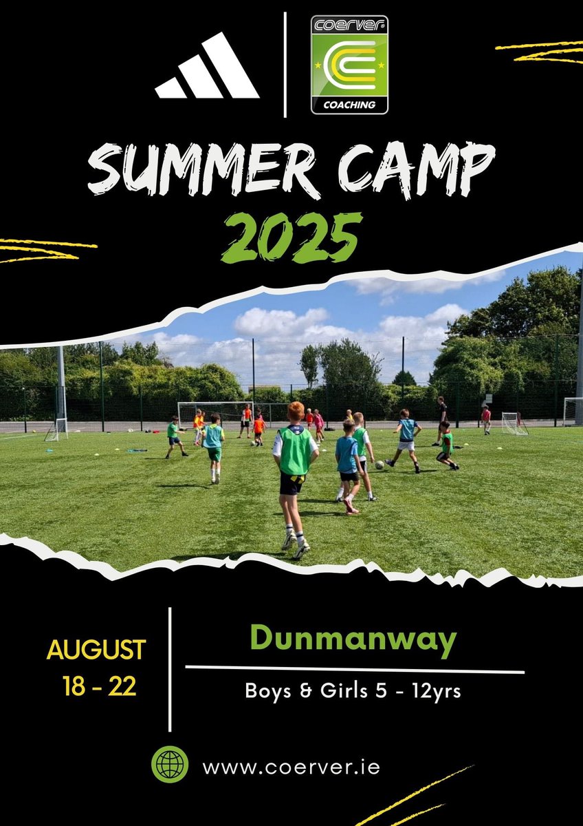 Coerver Coaching are returning for another year of summer soccer camps at Dunmanway Town Soccer Club, the week of August 18th for boys and girls aged 5-12.

To book your child's place, follow the link bellow. Places are limited.

Coerver.ie