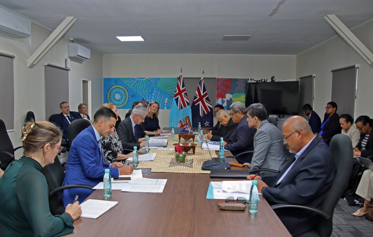 The Governments of Fiji and New Zealand today convened the Fiji–NZ High Level Consultations, reaffirming their commitment to strengthening bilateral relations and regional cooperation, and to refresh the   Duavata Partnership. 🇫🇯🤝🇳🇿 #FijiNZ

➡️Read more: bit.ly/3GPIBs1