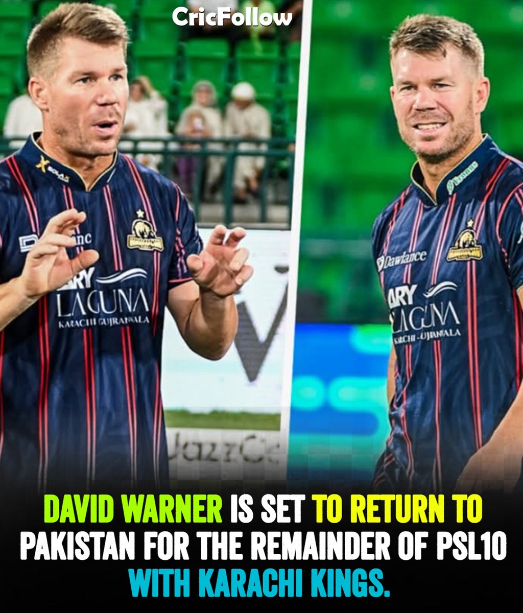 CricFollow56's tweet image. According to sources🚨:—David Warner is set to return to Pakistan for the remainder of PSL10 with Karachi Kings.💙🔥👏🏻  #PSLX #PSLX2025 #DavidWarner
