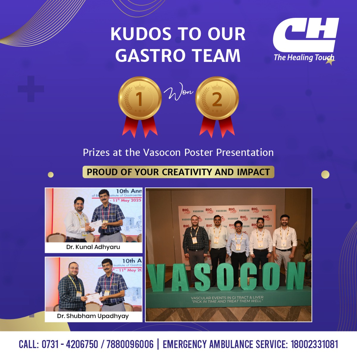 Heartiest congratulations to our talented doctors from for securing 1st and 2nd positions at the VASOCON Poster Presentation 2025!

Your dedication to research, innovation, and patient care continues to set new benchmarks.

Call: 07314206750 
#CHRC #ChoithramHospital #Vasocon2025