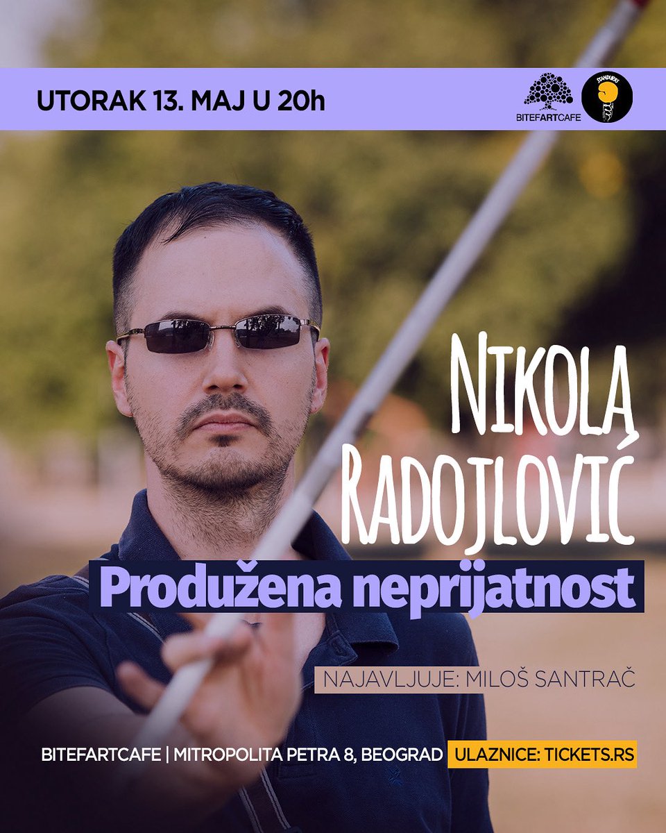 Večeras <a href="/BitefArtCafe/">BitefArtCafe</a> stand up show: Nikola Radojlović “Produžena neprijatnost”

Info i ulaznice: tickets.rs/event/standup_…