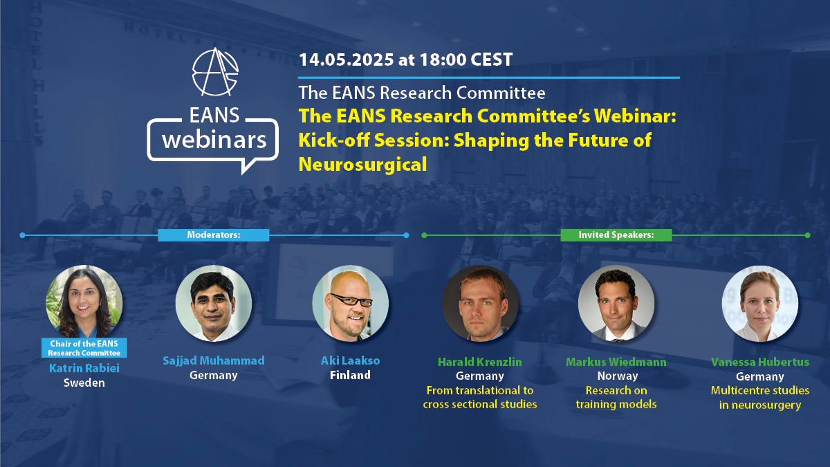 REMINDER: Join us in the next webinar organized by the EANS Research Committee! Kick-off Session: Shaping the Future of Neurosurgical Research.
#EANSonline #Neurosurgical #Research- mailchi.mp/eans.org/14052…