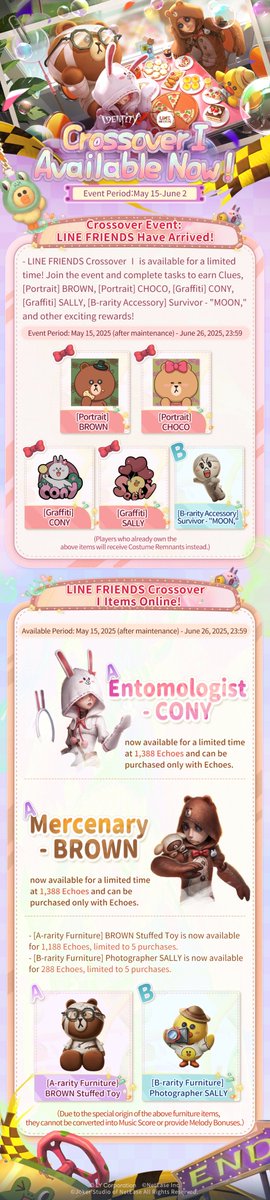 GameIdentityV's tweet image. Dear Visitors,
Let's check out the announcement of the Identity V ｜ LINE FRIENDS Crossover.
On May 15, the Crossover Ⅰ Online!
Our friends BROWN and CONY will visit the Manor!
On May 29, Crossover Ⅱ will be available.
New friends LEONARD and SALLY will also be here!
Say hello…