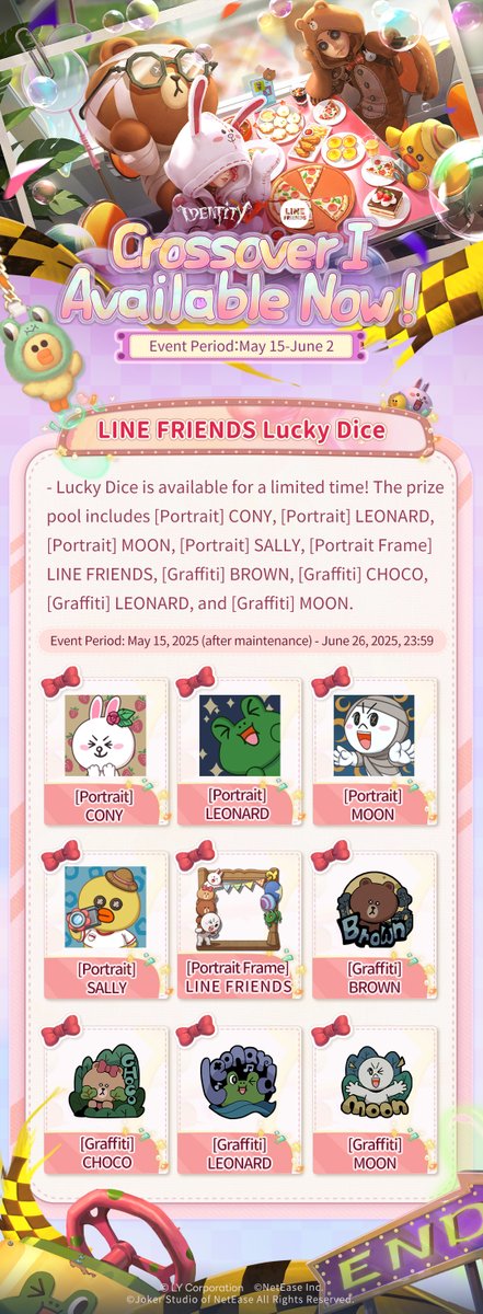 GameIdentityV's tweet image. Dear Visitors,
Let's check out the announcement of the Identity V ｜ LINE FRIENDS Crossover.
On May 15, the Crossover Ⅰ Online!
Our friends BROWN and CONY will visit the Manor!
On May 29, Crossover Ⅱ will be available.
New friends LEONARD and SALLY will also be here!
Say hello…