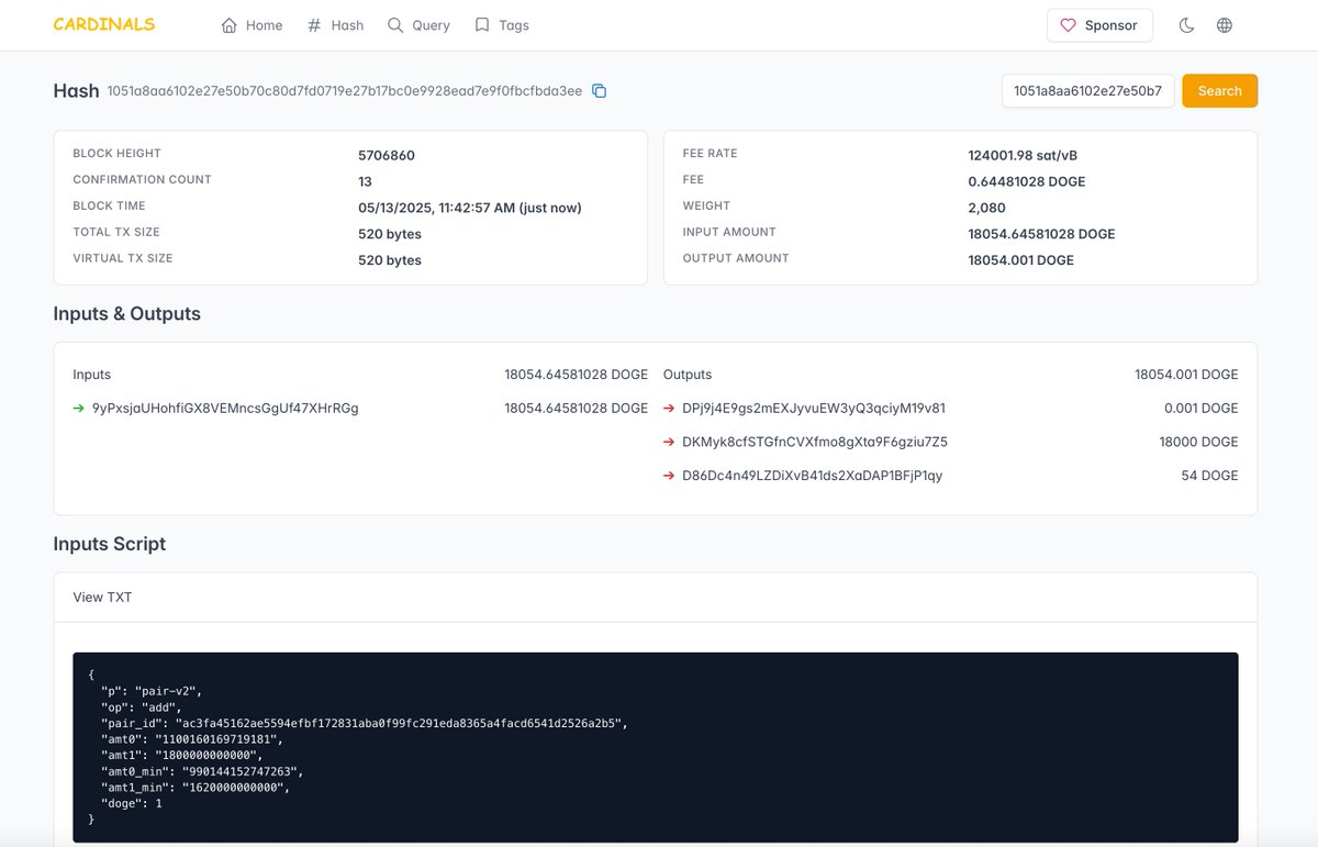 All hashes on the current platform have been redirected to the community browser. Click on the hash to view the details on the chain. #Dogepump #Cardinals #DOGE