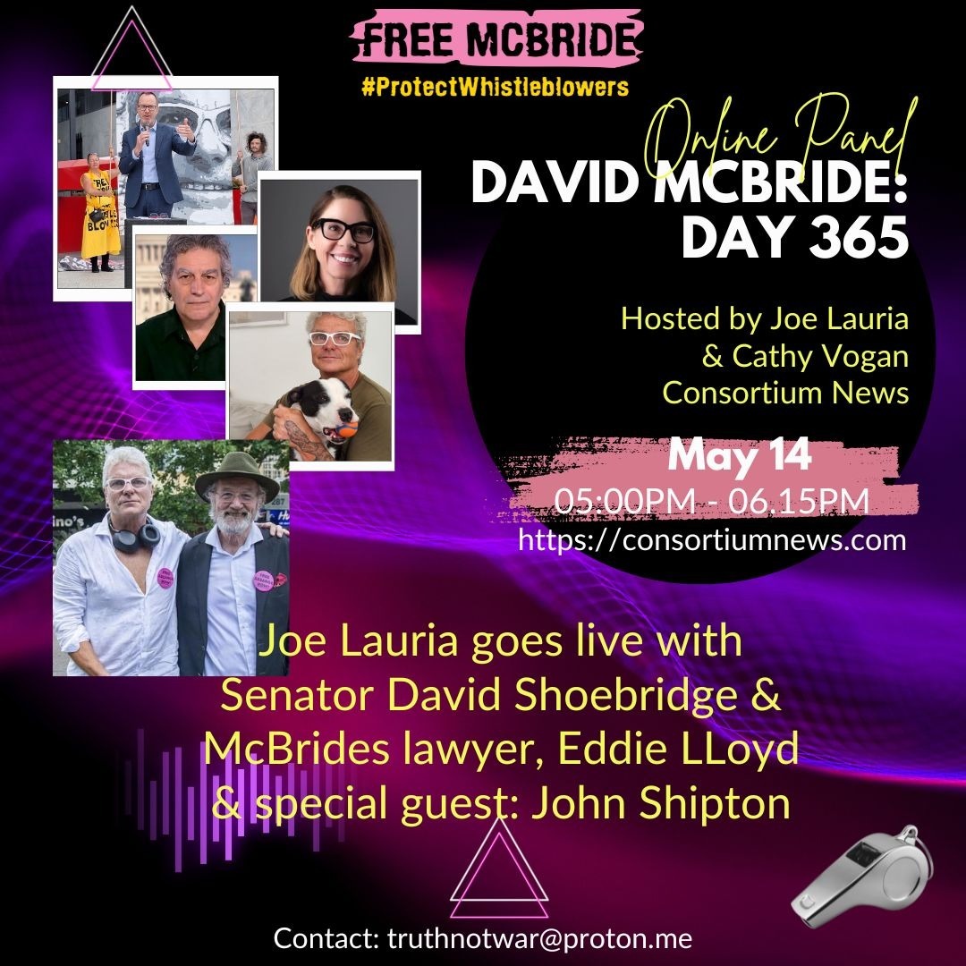 <a href="/MurdochCadell/">David McBride</a> will have been jailed for one year tomorrow! 
Tune in with <a href="/Consortiumnews/">Consortium News</a> <a href="/unjoe/">Joe Lauria</a> with ,#DavidMcBride 's lawyer <a href="/worldzonfire/">Eddie Lloyd</a> &amp; #JohnShipton this is the essential discussions we all need to be having. When whistleblowers are sent to jail U know we're in strife!