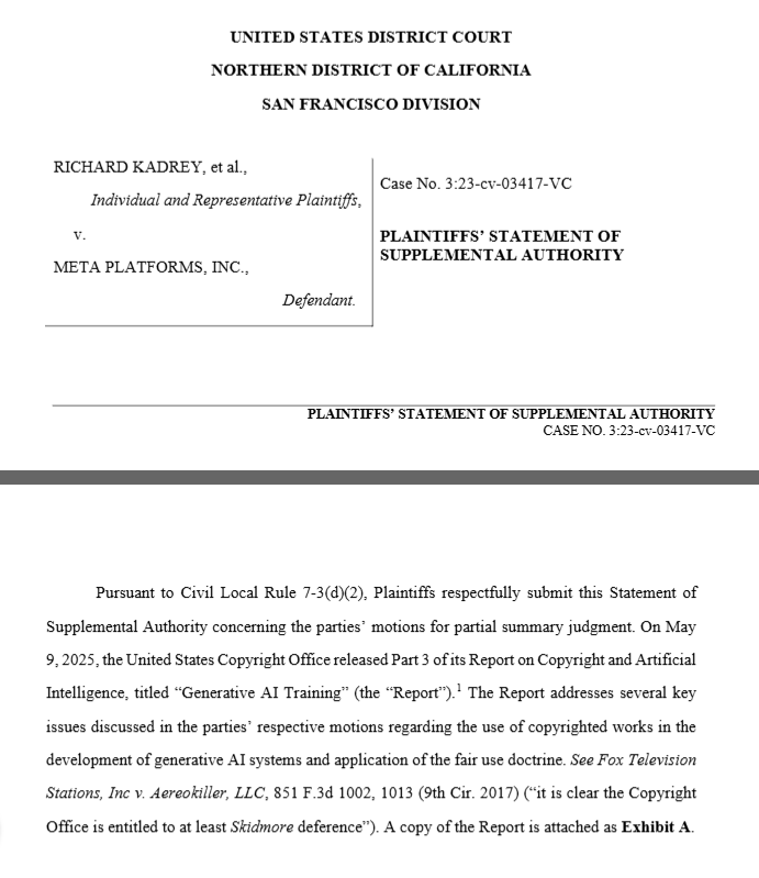 🚨Plaintiffs in AI copyright lawsuits against Meta and Anthropic just filed the report as a supplemental authority