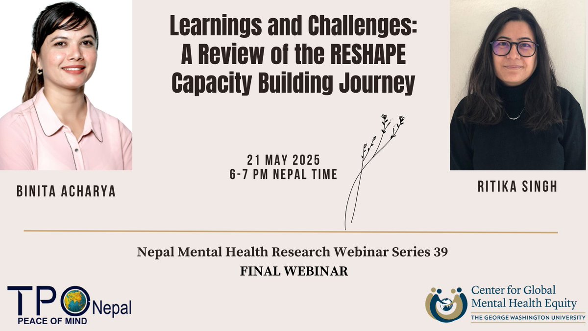 📢 Join us for the 39th &amp; final NMHRN Webinar!

🗓 May 21, 2025 | 🕕 6–7 PM NPT

🎙 Topic: Learnings &amp; Challenges from the Reshape Capacity Building Journey

👥 Speakers: Binita Acharya &amp; Ritika Singh

🔗 Register: docs.google.com/forms/d/e/1FAI…