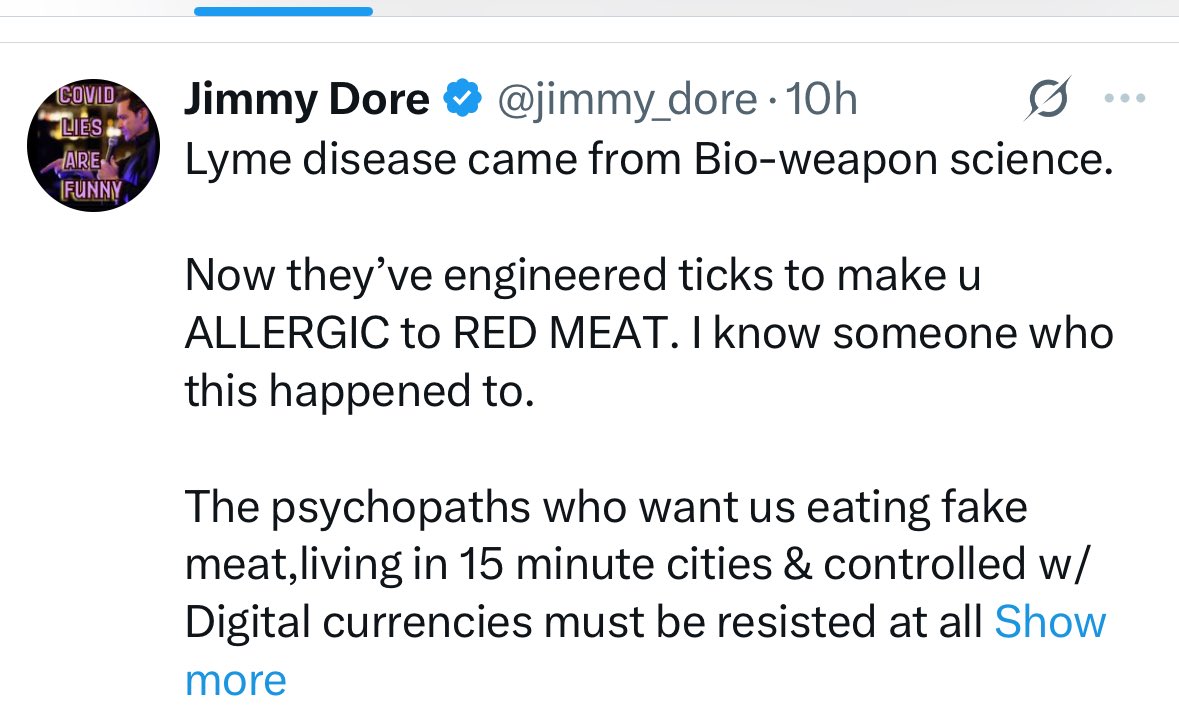 Lyme Disease is so ancient it's been found in Egyptian mummies. Nothing to do with bioweapons.

And ticks causing meat allergy (alpha gal syndrome) occurs naturally and is extremely rare.

So this whole post is nonsense.