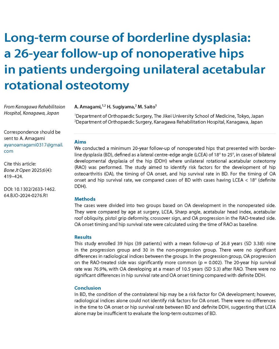 In borderline dysplasia, it is difficult to identify risk factors for the development of osteoarthritis based solely on radiological bone morphology. 

#BJO #OrthoTwitter #Hip #Osteoarthritis #Surgery

ow.ly/ocGL50VJLFa